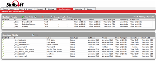 Manage User Profile Fields page in Skillport Adminstrator