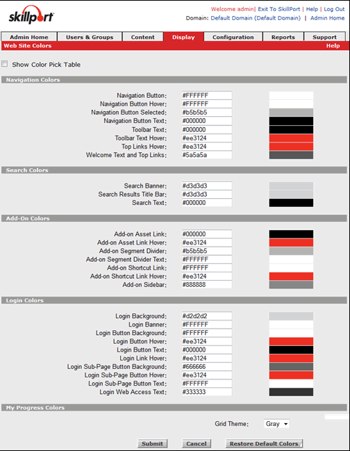 Web Site Colors page in Skillport 7