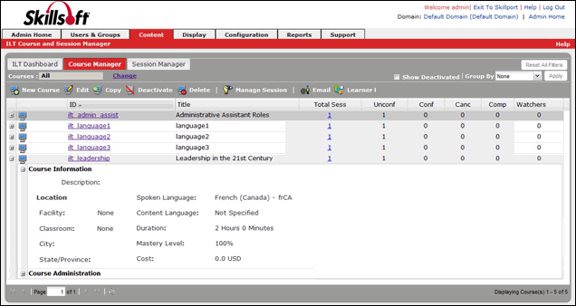 ILT course details on the ILT Course Manager page