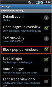 Android block pop-up windows checkbox