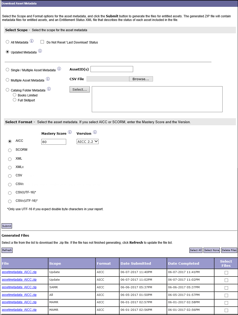 Download Asset Metadata page in OLSA Admin UI