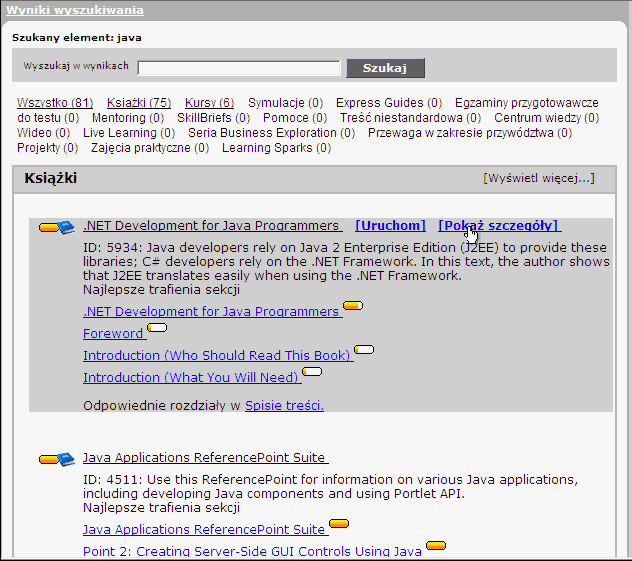 Wyniki wyszukiwania przy uzyciu panelu SEARCH&LEARN