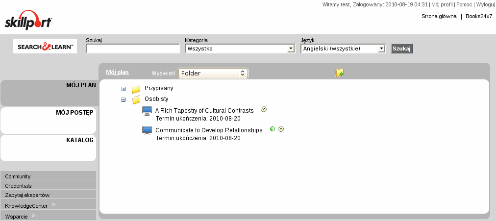 Strona gl�wna programu SkillPort, przedstawiajaca M�j plan
