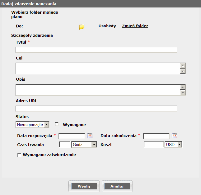 Okno dialogowe Dodaj zdarzenie nauczania
