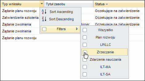 Obraz, pokazujacy jak filtrowac wnioski, by obejmowaly tylko zwolnienia
