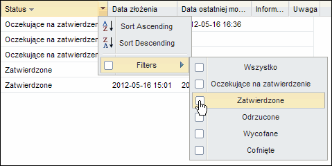 Obraz, pokazujacy jak filtrowac wnioski, by obejmowaly tylko wnioski zatwierdzone