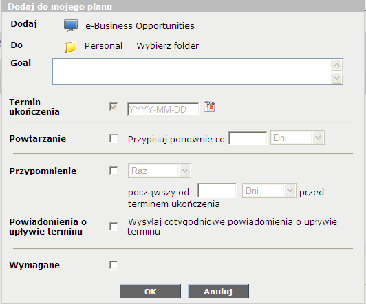 Okno dialogowe Dodaj do mojego planu