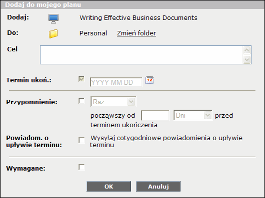 Okno dialogowe Dodaj do Mojego Planu