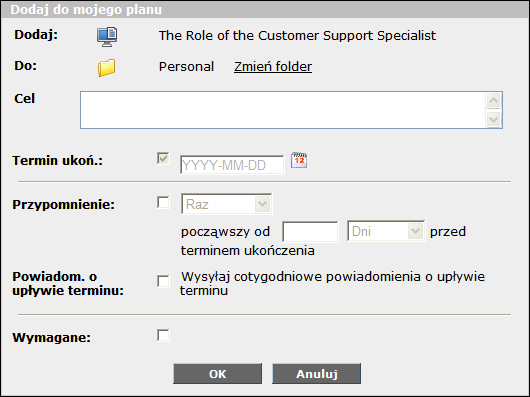 Okno dialogowe Dodaj do Mojego Planu