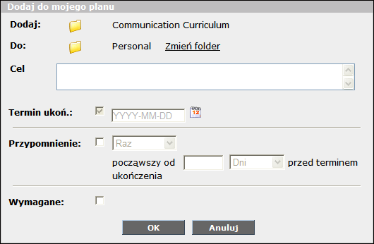 Okno dialogowe Dodaj do Mojego Planu