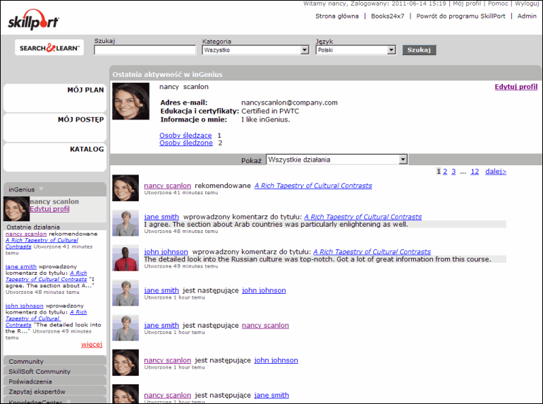 Strona Najnowsza aktywnosc programu inGenius