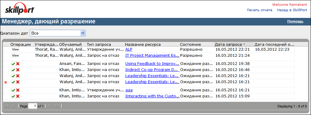 Страница «Менеджер, дающий разрешение»