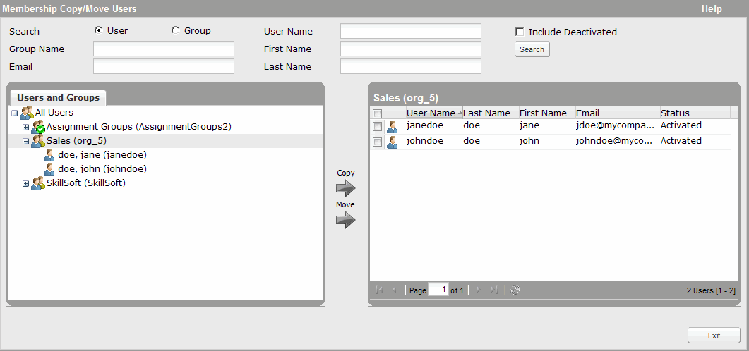 Copy/Move Users interface for modifying group membership