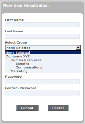 New User Registration page showing sample groups to join