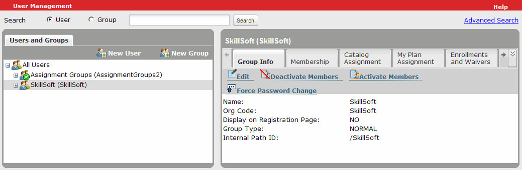 Left pane of the User and Group administration interface