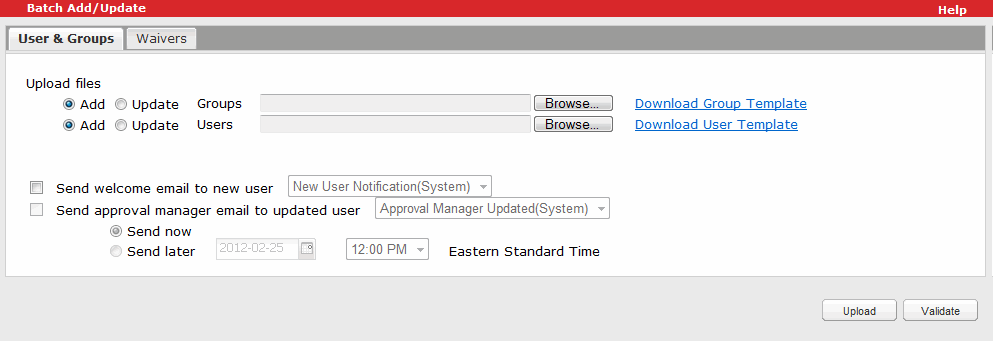 Upload page in the User and Group Management interface