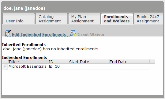 Enrollments and Waivers tab for an individual user