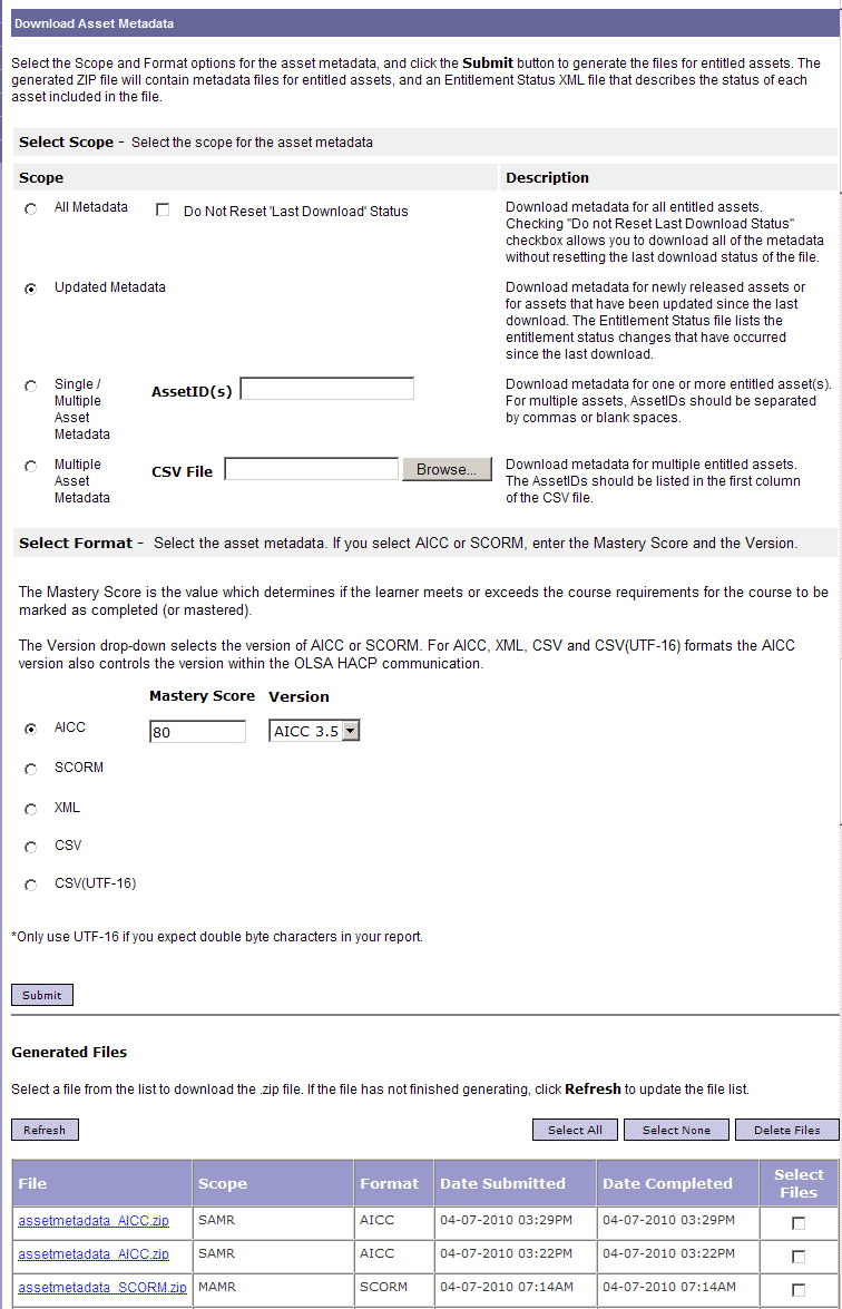 Download Asset Metadata page in OLSA Admin UI