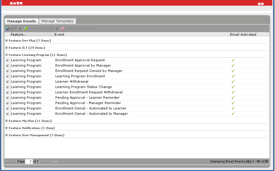 显示处于活动状态的“管理电子邮件”选项卡的“管理模板”页面