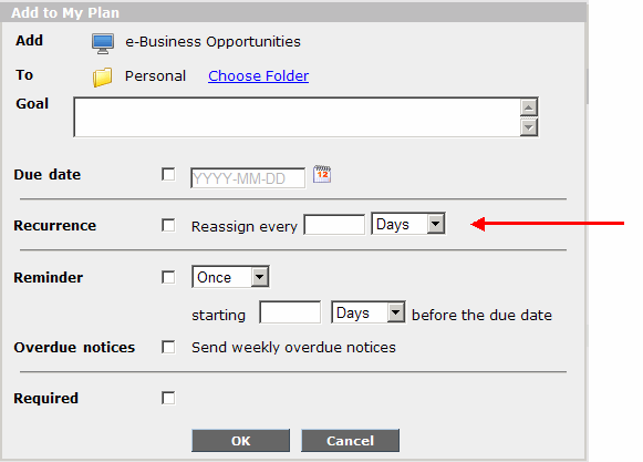 Add to My Plan dialog with Recurrence setting called out