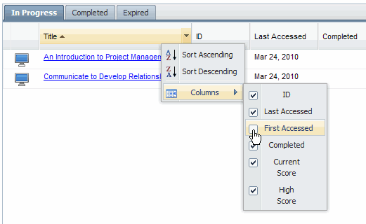 controls for hiding columns on the credentialing progress report