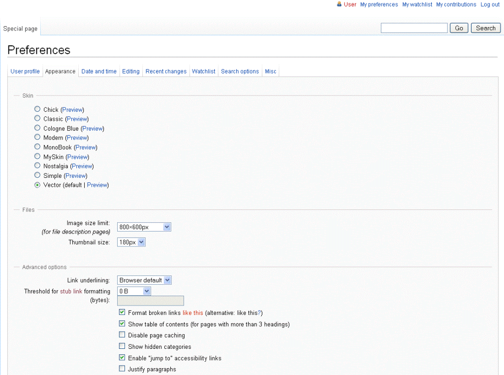 Selecting themes in Appearance tab